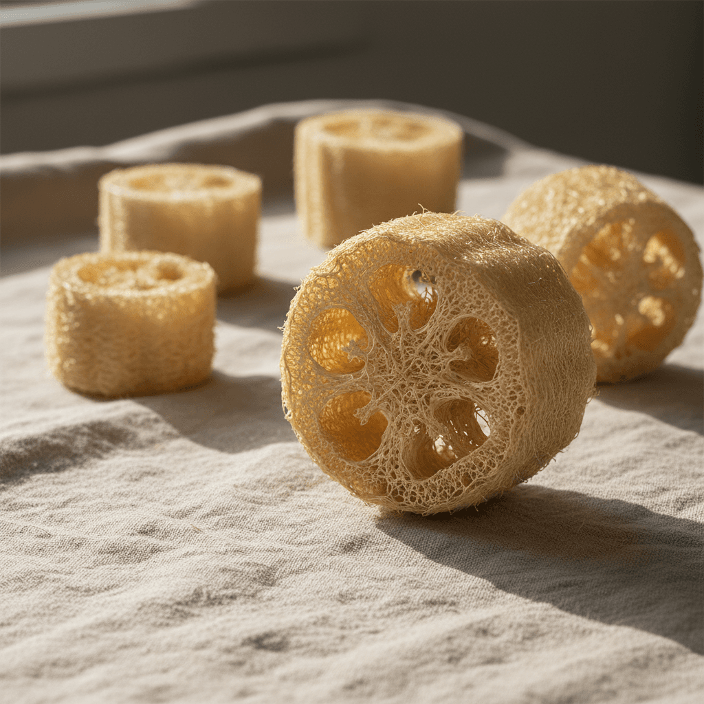 Organic loofahs with natural texture on neutral background
