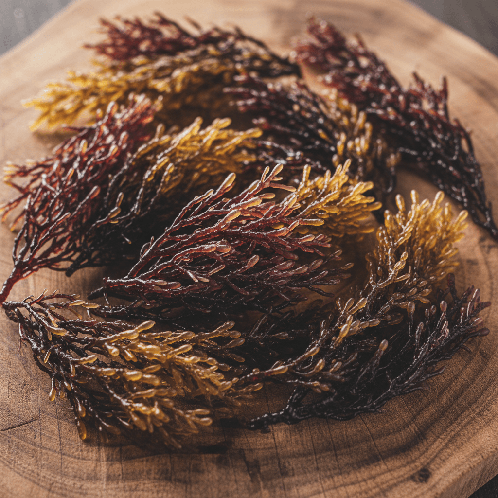 Wild-crafted sea moss with natural texture and rich color