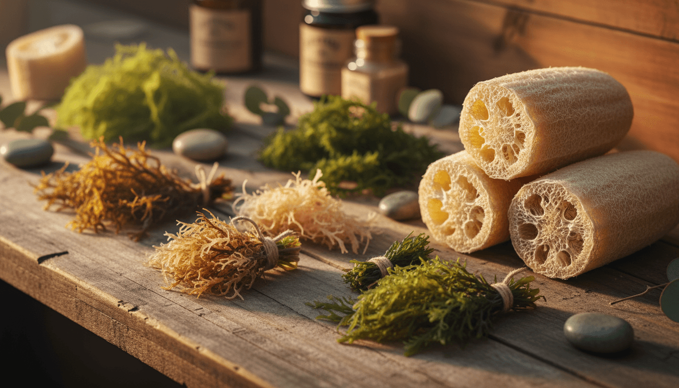 Premium wild-crafted sea moss and organic loofahs arranged on natural wood with warm natural lighting