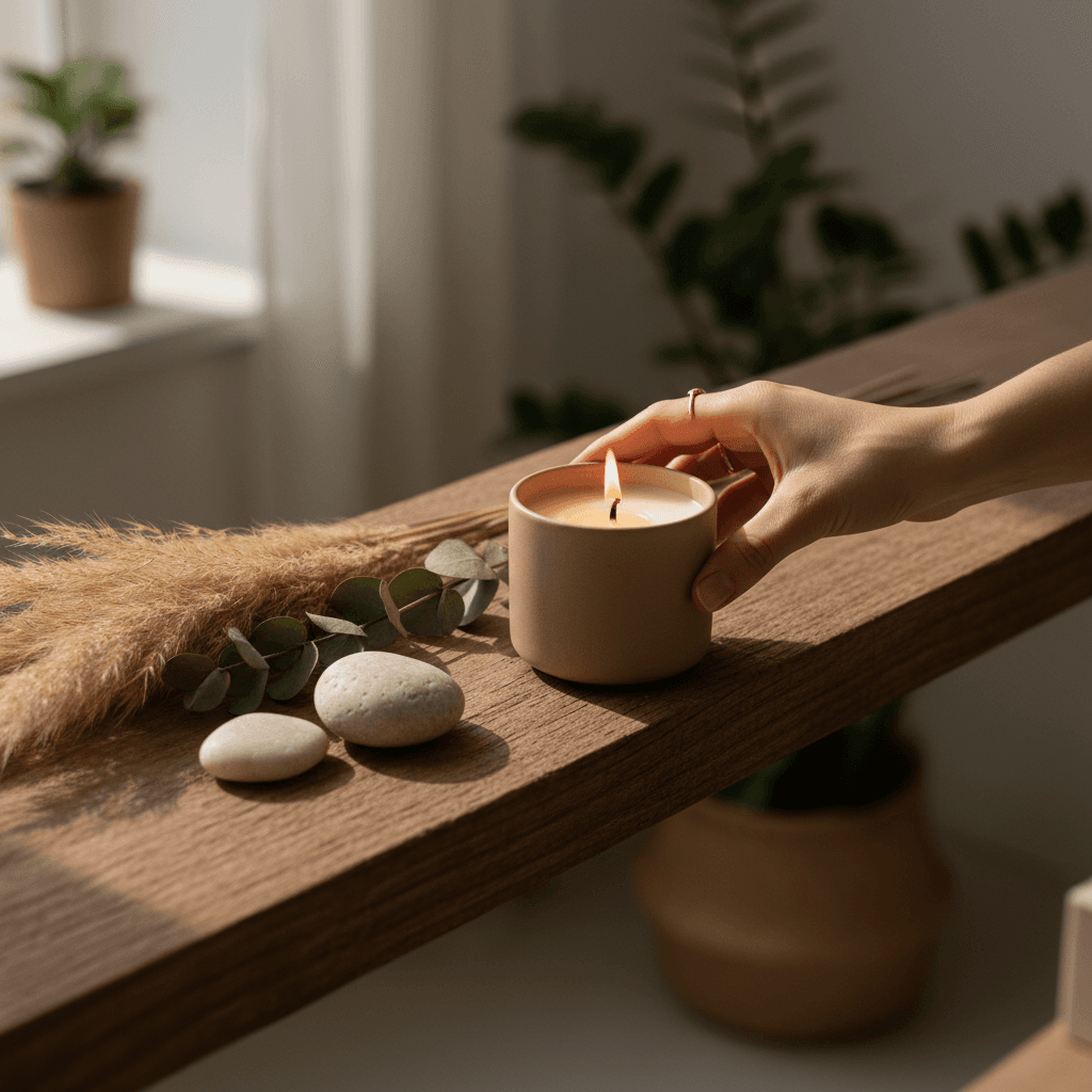 Hands reviewing wholesale product samples and catalogs in warm light