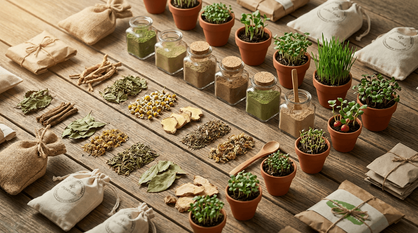 Close-up of premium wild-crafted sea moss and organic loofahs on natural linen with warm natural light