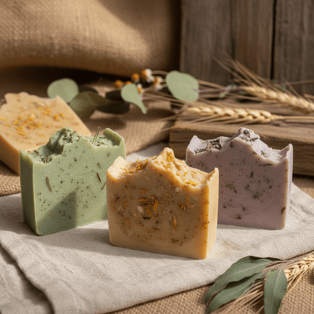 Arranged organic loofahs showing texture and natural color variations