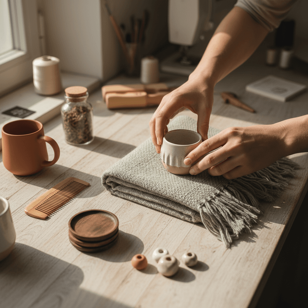 Wholesale sea moss and loofah products arranged on natural fabric